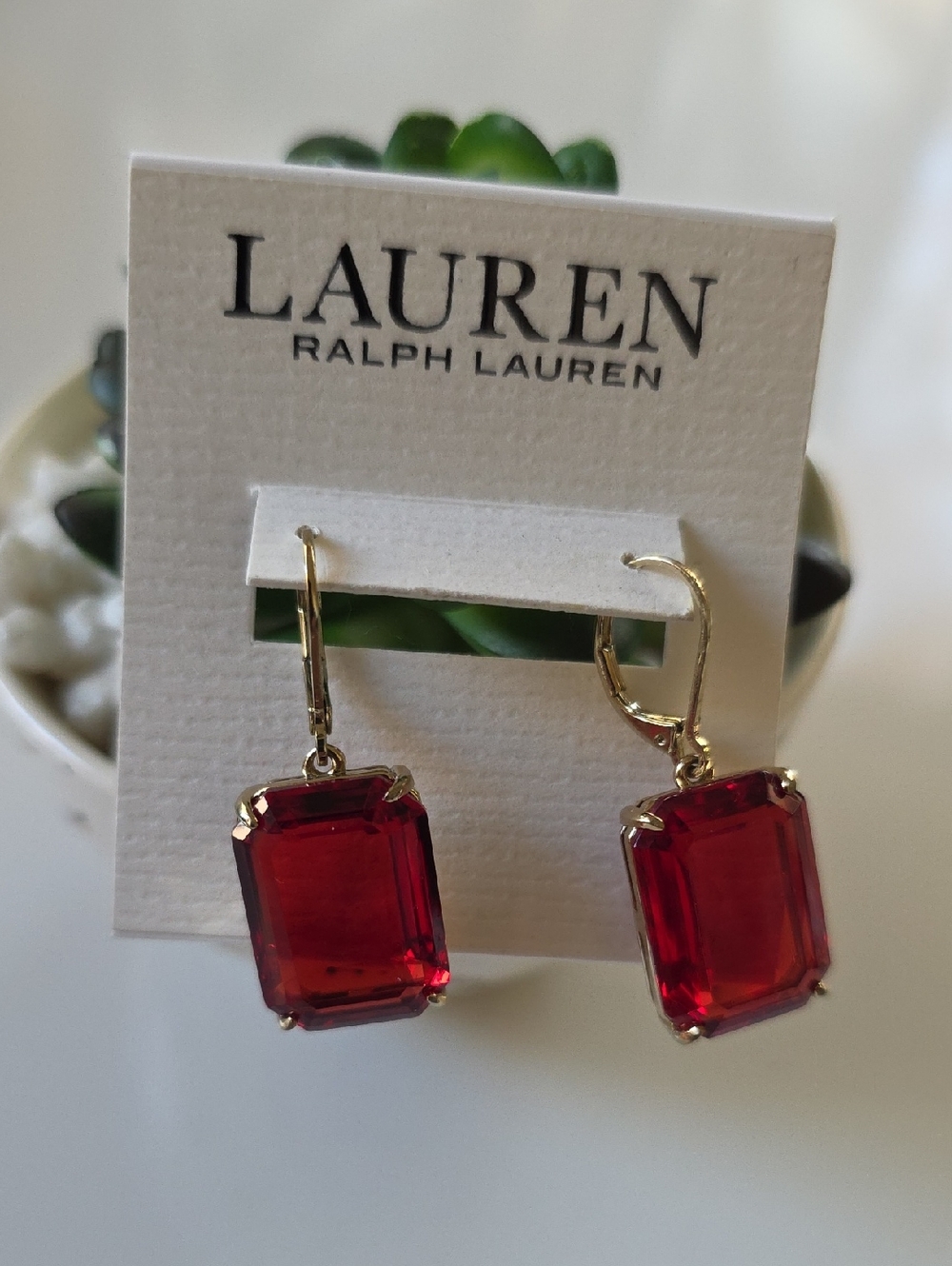 Lauren Ralph Lauren Gold-Tone Red Emerald-Cut Crystal Drop Earrings